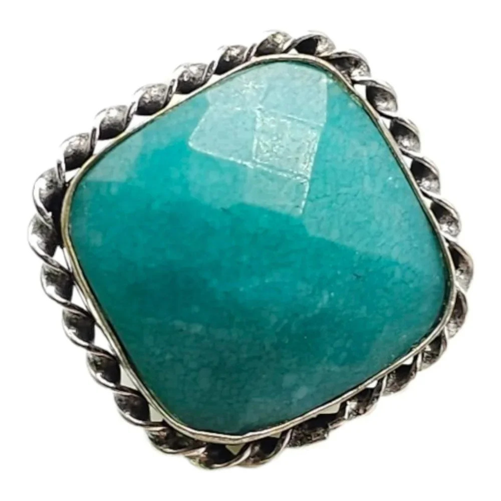 Silver Plated Diagonal Square Cut Blue Aquamarine Ring Vintage Size 6